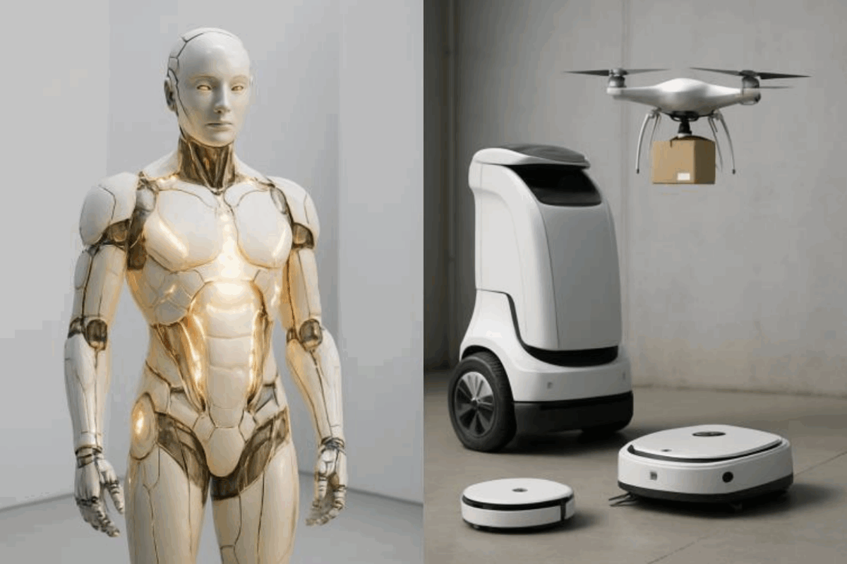 Side-by-side images showing advanced robotics: on the left, a humanoid robot with illuminated joints and a sleek metallic design; on the right, a delivery drone carrying a package above two autonomous delivery robots in a minimalist indoor setting